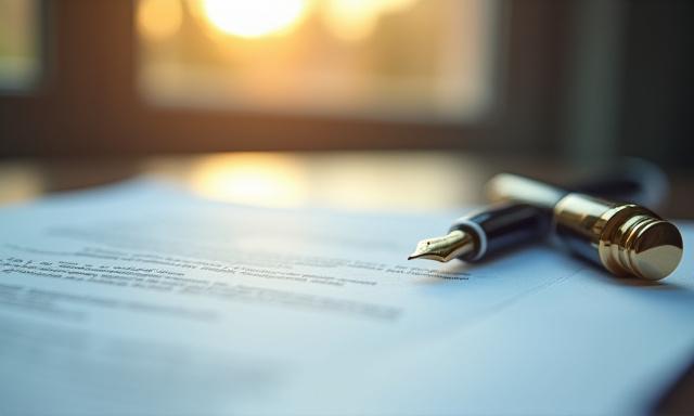 Legal documents and a fountain pen on a desk under soft morning light