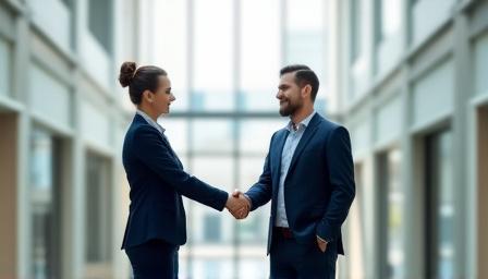 Two professionals shaking hands symbolizing a binding agreement