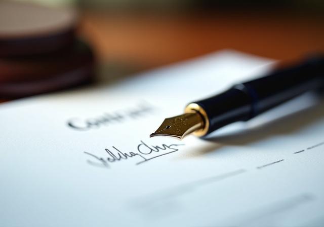 Close up of a professional signing a legal agreement on a clean wooden desk near a window with morning light